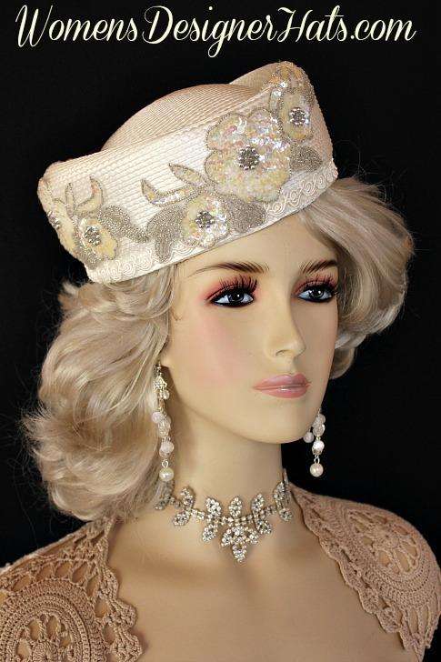 Ivory Sequin Beaded Pillbox Wedding Bridal Church Hat, Women's Designer Hats, Emmy