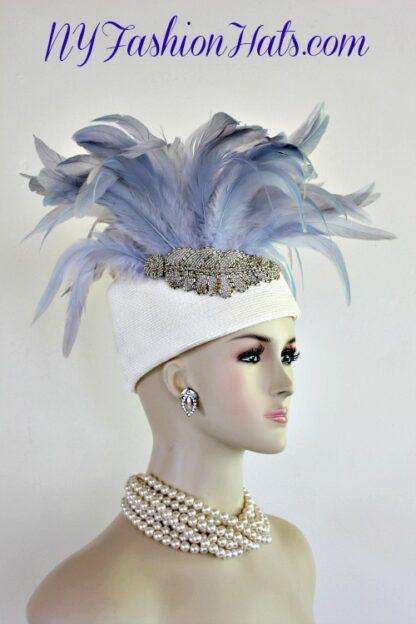 Women's Designer Ivory Ice Blue Silver Beaded Pillbox Hat Fashion Hats