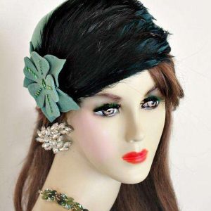 <META NAME='Ladies Jade Green Black Custom Made Winter Wool Cloche Flapper Designer Fashion Hat With Feathers. This Dress Hat Is Custom Made By Women's Designer Hats. We Specialize In Wedding Hats