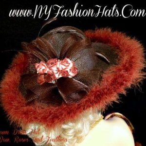 <META NAME="DESCRIPTION" CONTENT="Ladies Brown Designer Hat With White Roses Feathers NY Fashion Hats - We sell ladies formal brown fashion hats for weddings