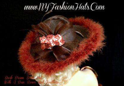 Ladies Brown Designer Hat With White Roses Feathers NY Fashion Hats