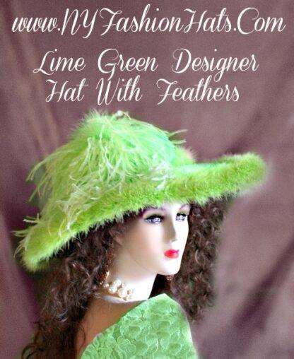 Kentucky Derby Hats Lime Green Wide Brim Designer Hat With Feathers