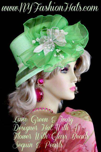 Lime Green Ivory Designer Hat For Women, Dress Hats For Weddings