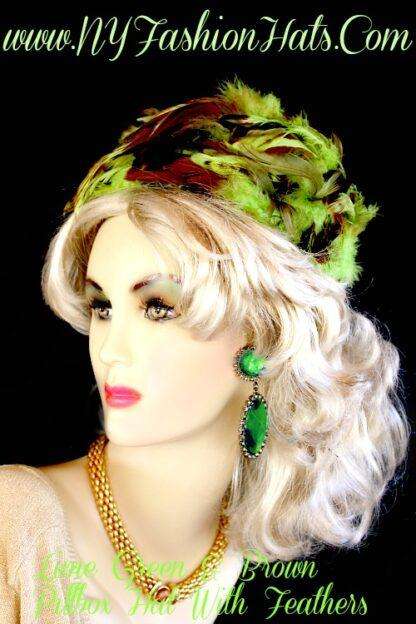 Church Hats Lime Olive Green Copper Brown Pillbox Hat With Feathers