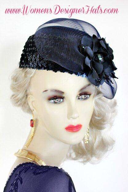 Navy Blue Designer Cloche 1920s Flapper Hat Cocktail Hats For Women