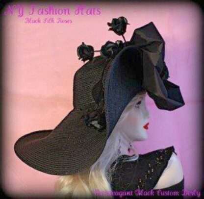 Ladies Black Wide Brim Designer Hat With Roses Kentucky Derby Hats