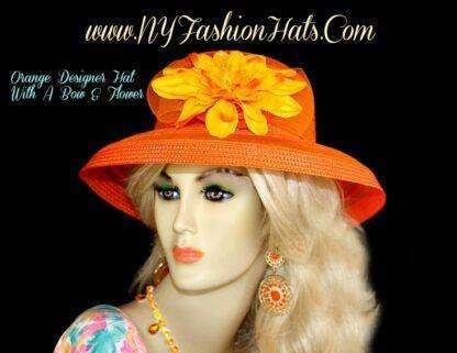 Orange Designer Kentucky Derby Wedding Hat With A Flower Fashion Hats