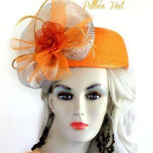 <META NAME="DESCRIPTION" CONTENT="Ladies Orange Designer Pillbox Hat Linen Flower Metallic Silver Bow By www.NYFashionHats.Com - We sell orange dressy wedding hats