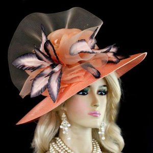 <META NAME="DESCRIPTION" CONTENT="Ladies Peach Grey Wide Brim Designer Hat Kentucky Derby Dress Hats With Flowers By NY Fashion Hats. We specialize in Church hats
