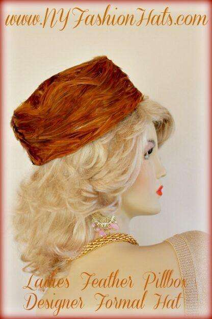 Women Copper Brown Designer Pillbox Hat With Feathers NY Fashion Hats