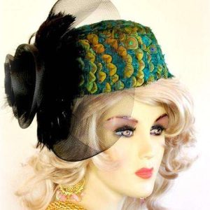 <META NAME="DESCRIPTION" CONTENT="Women's Teal Blue Green Gold Lime Copper Brown Pillbox Feather Peacock Hat By www.NYFashionHats.Com - We sell custom designer feather hats for women for special occasion