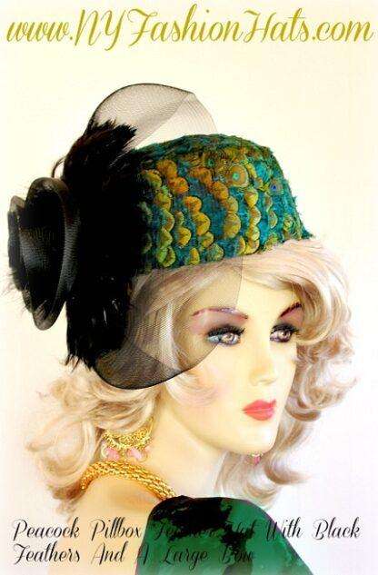 Women's Teal Blue Green Gold Lime Copper Brown Pillbox Peacock Hat