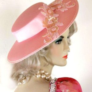 <META NAME="DESCRIPTION" CONTENT="Pink Satin Wide Brim Designer Kentucky Derby Dress Hat For Women. Women's Designer Hats Specializes In Hats For Weddings
