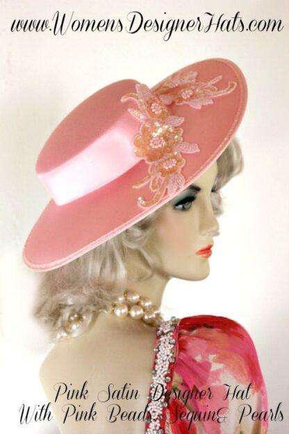 Women's Pink Satin Designer Dress Hat With Sequin Beads And Pearls