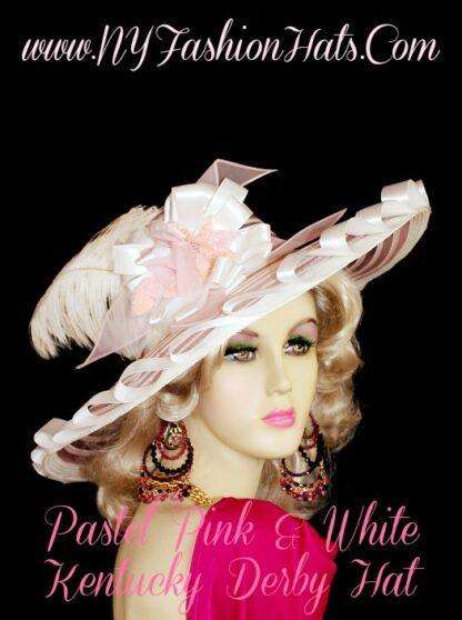 Wide Brim Pink Ivory Kentucky Derby Hat, Church Hats, NY Fashion Hats