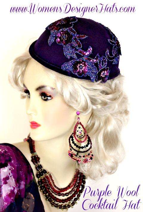 Women's Purple Wool Winter 1920 Flapper Cocktail Hat Headpiece Hats
