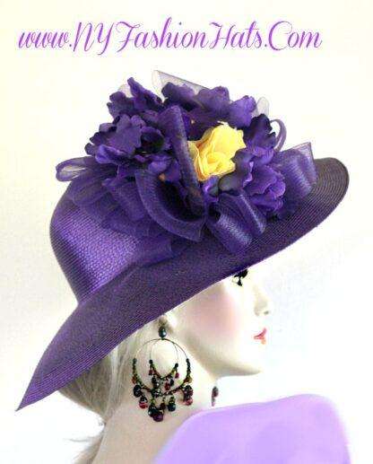 Ladies Purple Wide Brim Designer Hat With Yellow Roses Flowers Hats