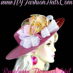 <META NAME="DESCRIPTION" CONTENT="Raspberry Pink Designer Dress Hat With A White Yellow Celery Green Bow By NY Fashion Hats. We specialize in dress hats for women