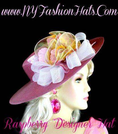 Raspberry Pink Designer Dress Hat With A White Yellow Celery Bow