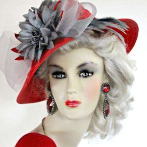 <META NAME="DESCRIPTION" CONTENT="Ladies Red Designer Fashion Kentucky Derby Hat With Red And Grey Flowers And Feathers. This Dress Hat Is Custom Made By Women's Designer Hats. We Specialize In Wedding Hats