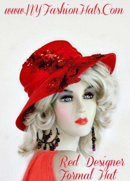 Ladies Red Formal Braid Hat With Sequin And Satin NY Fashion Hats