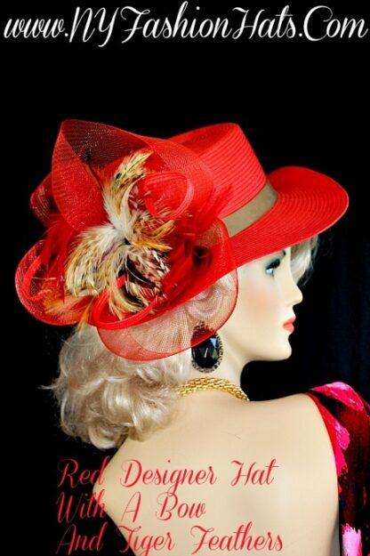 Ladies Red Designer Hat Beige Brown Copper White Tiger Feathers Hats