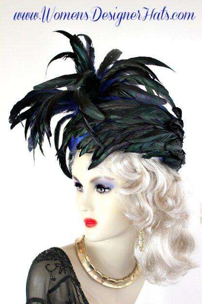 Royal Blue Pillbox Designer Hat With Iridescence Green Black Feathers