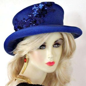 <META NAME='Ladies High Crown Rolled Brim Royal Blue Haute Couture Fashion Designer Hat With Sequin. Women's Designer Hats Specializes In Designer Hats