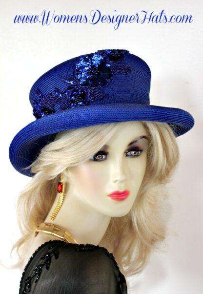 Royal Blue Shaped Designer Hat With Sequin, Church Dress Fashion Hats