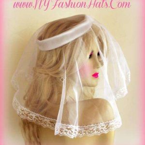 <META NAME="DESCRIPTION" CONTENT="Ladies White Satin Headcover Headpiece Bridal Hat Face Veil Lace HB9 By www.NYFashionHats.Com - We sell white lace wedding hats