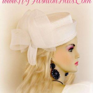 <META NAME="DESCRIPTION" CONTENT="Ladies Women's White Satin Designer Pillbox Wedding Hat Formal Hats By www.NYFashionHats.Com - We sell formal white wedding hats for brides