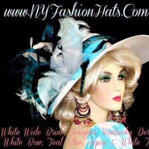 <META NAME="DESCRIPTION" CONTENT="White Turquoise Peacock Blue Formal Dress Designer Hat With Feathers By NY Fashion Hats Custom Millinery. We specialize in Kentucky Derby hats for horse races