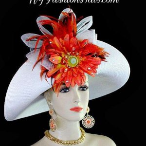 <META NAME="DESCRIPTION" CONTENT="Ladies White Wide Brim Designer Hat With An Orange Flower And Feathers By NY Fashion Hats. We Specialize In Formal Church Hats For Woman