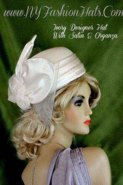 Ivory Straw Braid Satin Pillbox Wedding Hat, Formal Church Temple Hats, Zena