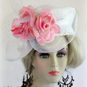 <META NAME="DESCRIPTION" CONTENT="Women's White Pillbox Designer Hat With Pink Flowers And Pearls By www.NYFashionHats.Com - We sell beautiful wedding hats for the bride