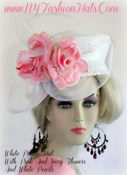 Women's White Pillbox Designer Hat With Pink Flowers And Pearls