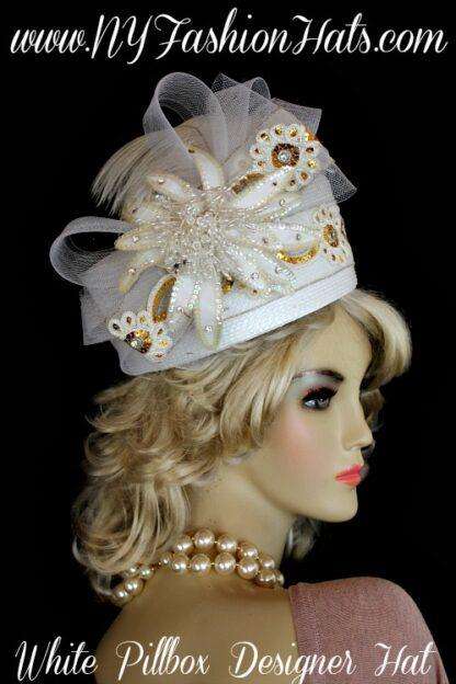 Women's White Gold Sequin Pearl Flower Pillbox Hat, NY Fashion Hats