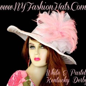<META NAME="DESCRIPTION" CONTENT="Ladies White Wide Brim Kentucky Derby Hat With Pink Feathers NY Fashion Hats. We specialize in black formal designer hats for women