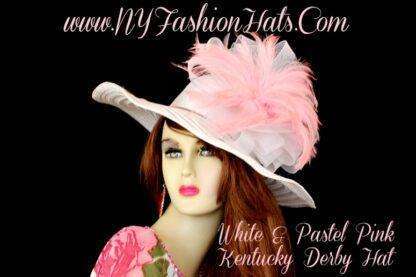 White Wide Brim Kentucky Derby Hat Pink Feathers NY Fashion Hats