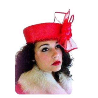 Haute Couture Designer Red Sequin Pillbox Hat Embellished With A Large Rose And Bow