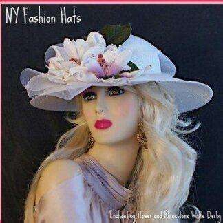 White Spring Summer Designer Kentucky Derby Hat, With A Sheer Bow, White Flowers And Glass Rhinestones