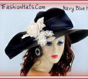 Women's Navy Blue White Rose Wide Brim Designer Hat, NY Fashion Hats