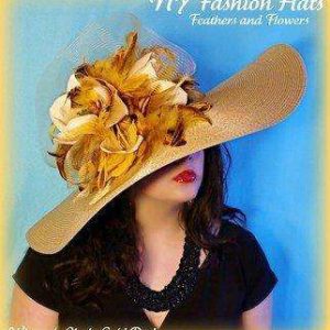 Gold Fashion Designer Dressy Wide Brim Ladies Hat Weddings 7VUL