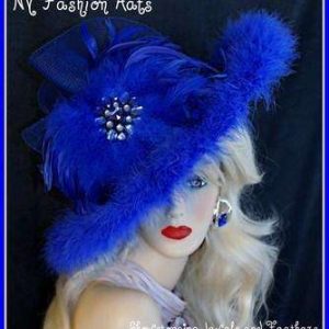 Ladies Royal Blue Wide Brim Dress Hat Women's Fashion Hats 8TQC