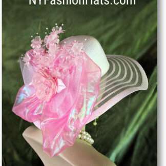 Couture White Pink Statement Wide Brim Wedding Church Kentucky Derby Hat For Women, Melbourne Cup Hats 2282