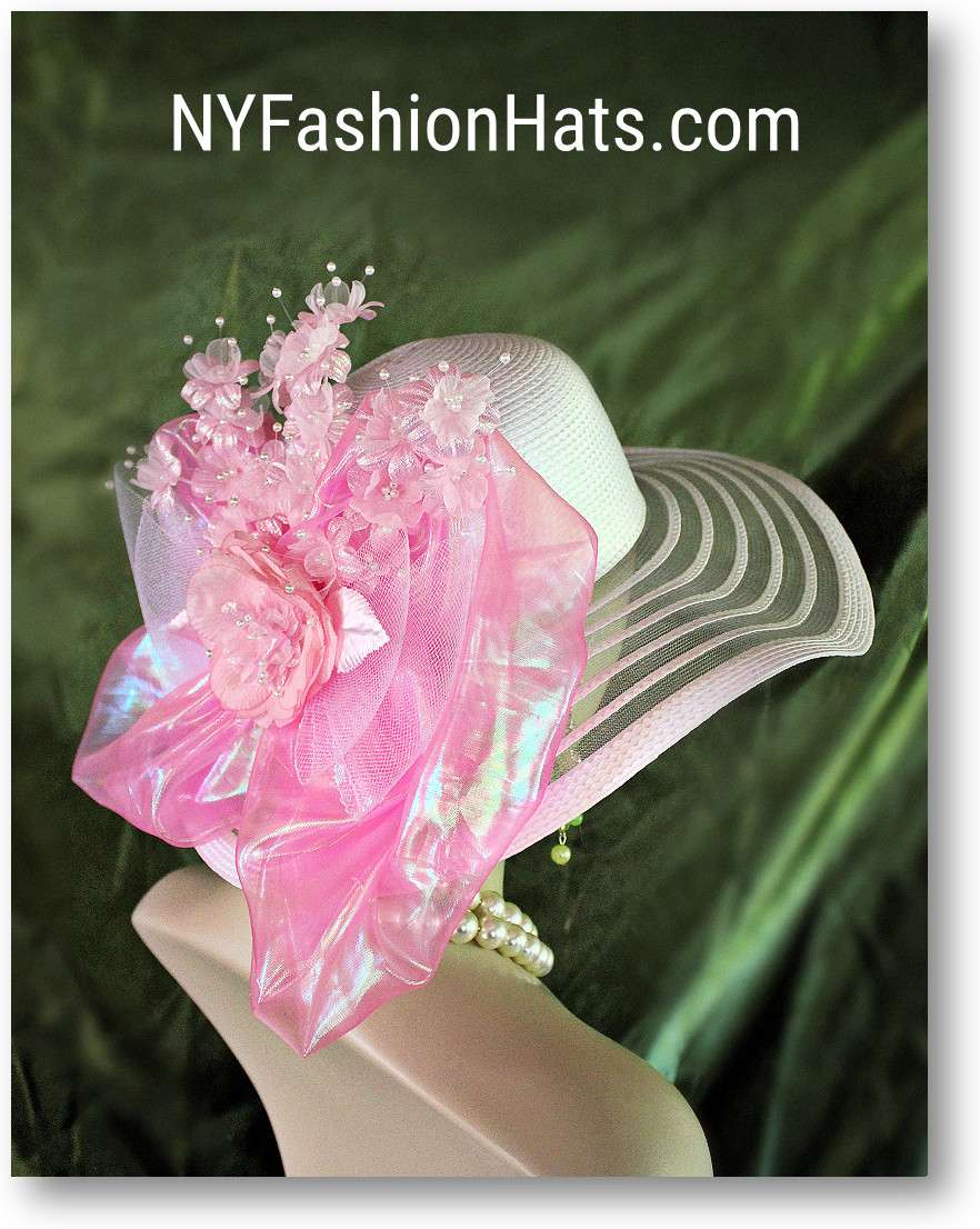 Couture White Pink Statement Wide Brim Wedding Church Kentucky Derby Hat For Women, Melbourne Cup Hats 2282