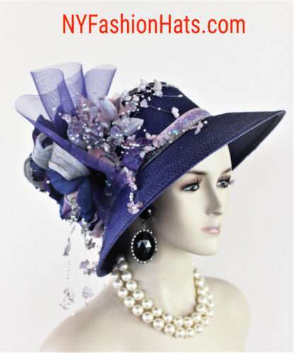 Haute Couture Custom Made Statement Wedding Church Hat, Royal Blue Purple Soft Green Millinery KZ1 - Image 3