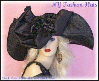 Ladies Black Wide Brim Designer Hat With Roses Kentucky Derby Hats - Image 2