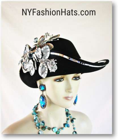 Haute Couture Motf Premium Black Winter Wool Metallic Silver Mirror Designer Hat, Art Deco Style Headwear Millinery NYFashionHats.com, Church Weddings Formals  2391 - Image 2