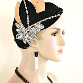 Women's Art Deco 1920's Flapper Winter Wool Black Tan Metallic Silver Cocktail Hat Wedding Fascinator Headpiece
